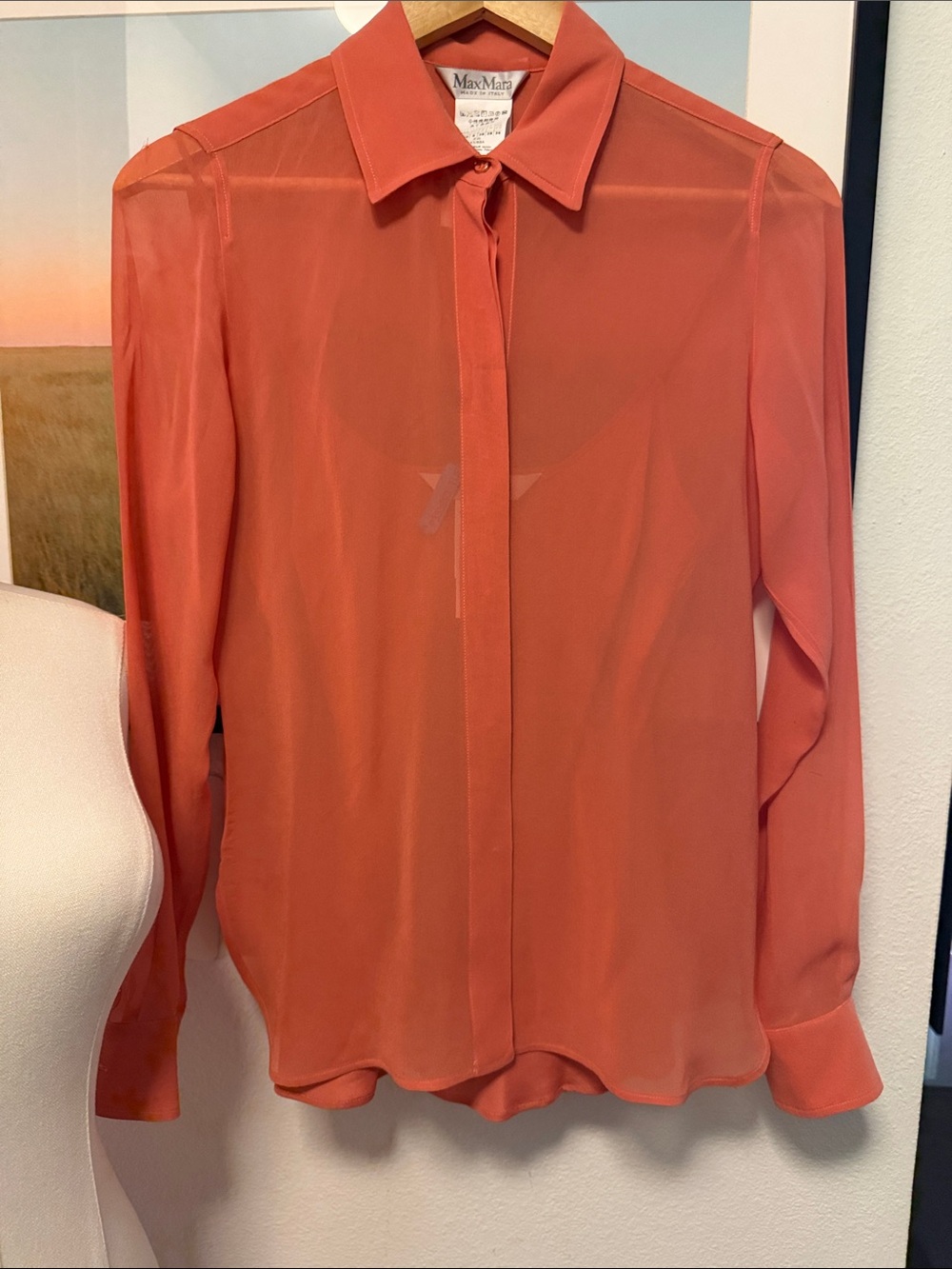 Max Mara 100% Silk Sheer Blouse & Camisole Set Coral Italy Size 4 NWOT